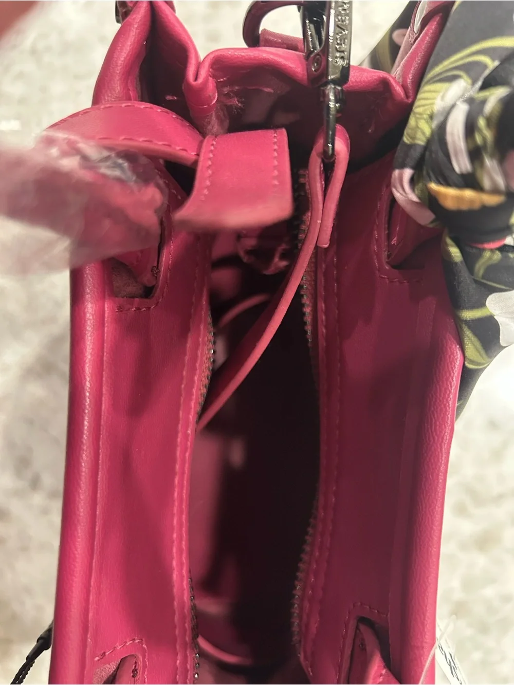 “New” Steve Madden Stylish Quilted Top-Handle Bag in Fuchsia with Scarf Accent